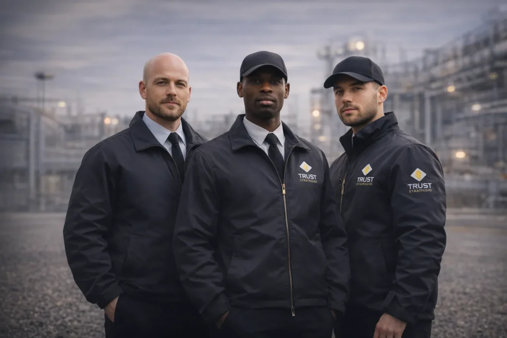 Trois agents de sécurité en uniforme TRUST STRATÉGIES sur un site industriel, illustrant expertise, rigueur et intervention sur environnements sensibles