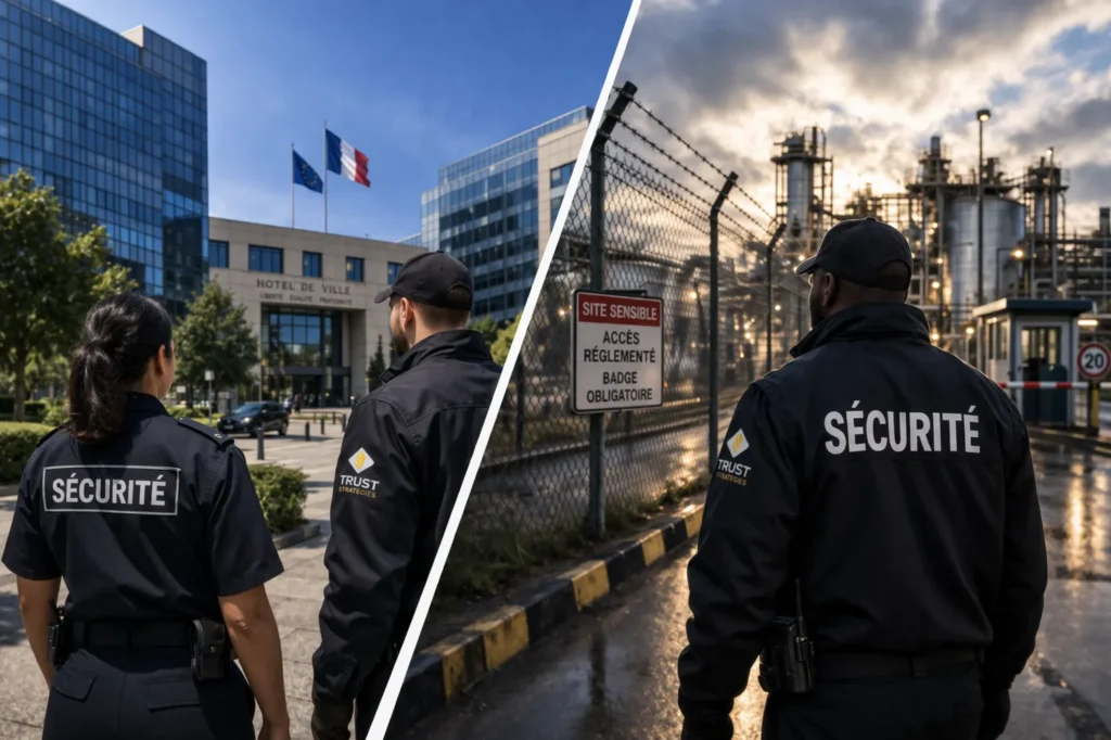 Agents de sécurité en uniforme intervenant sur différents types de sites, collectivité et site industriel sensible, illustrant la capacité d’adaptation des missions de sécurité