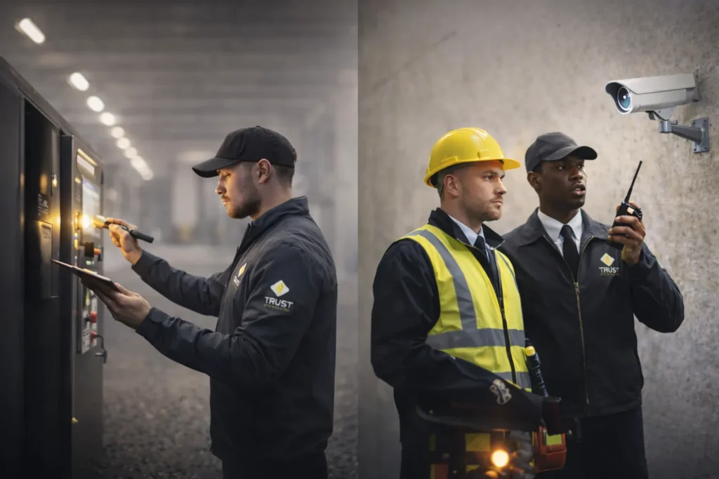 Agents de sécurité en intervention illustrant une méthode structurée : analyse des risques, mise en place des dispositifs et suivi des opérations en environnement industriel