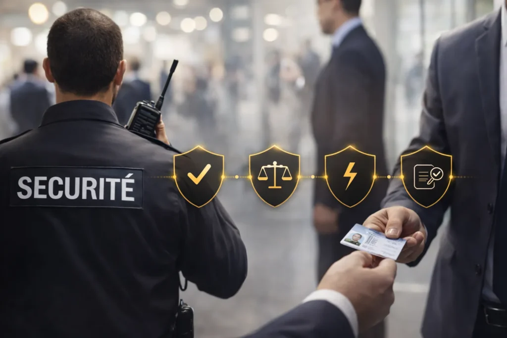 Agent de sécurité vérifiant une pièce d’identité avec talkie-walkie dans un environnement professionnel sécurisé, illustrant le respect des normes et le contrôle des accès