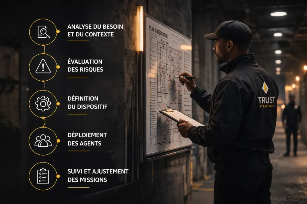 Agent de sécurité utilisant un talkie-walkie dans un environnement industriel avec icônes représentant les étapes d’un dispositif de sécurité et de gestion des risques