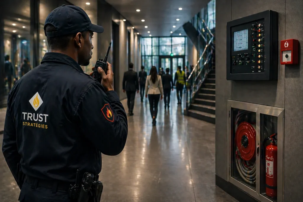 Agent de sécurité incendie TRUST STRATÉGIES effectuant une surveillance sur site avec contrôle du système SSI, extincteur et circulation du public dans un bâtiment professionnel