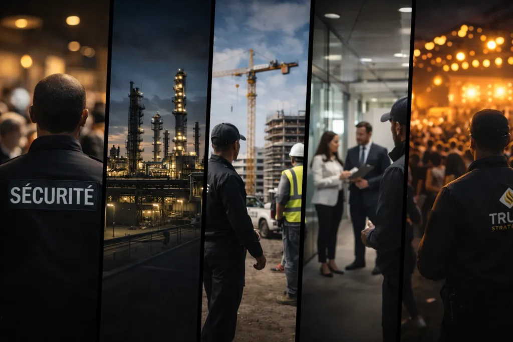 Agent de sécurité présent sur plusieurs environnements professionnels : site industriel, chantier, bureau, événement et établissement recevant du public