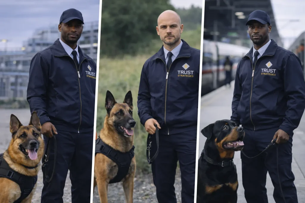 Agents cynophiles avec chiens de sécurité (berger allemand, malinois et rottweiler) en intervention sur site industriel, zone naturelle et gare, illustrant la surveillance et la dissuasion sur différents environnements sensibles