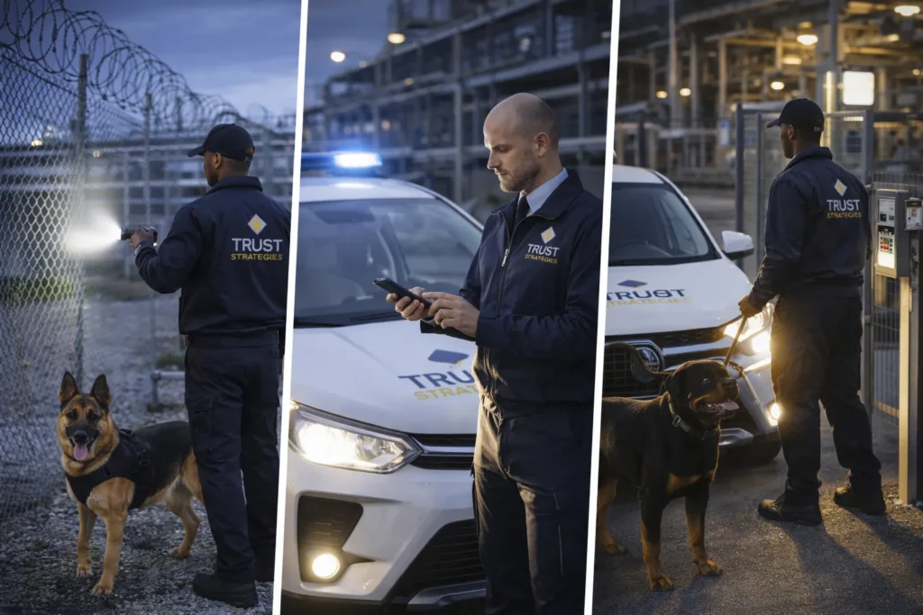 Agents de sécurité rondiers en intervention avec véhicule sur site industriel, effectuant des rondes de surveillance, contrôle des accès et levée de doute après déclenchement d’alarme