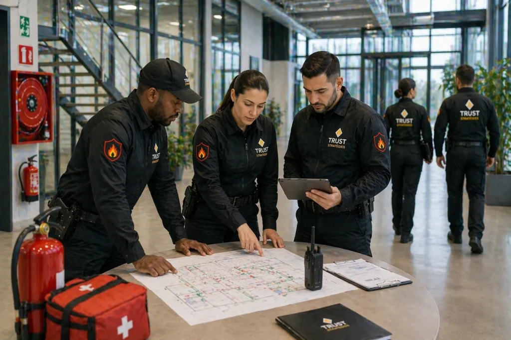 Équipe TRUST STRATÉGIES en sécurité incendie analysant un site en amont pour anticiper les risques, structurer les interventions et mettre en place un dispositif de sécurité durable en environnement professionnel