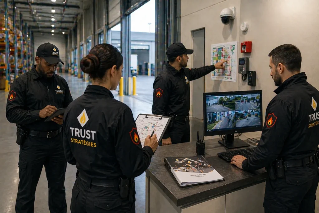 Agents TRUST STRATÉGIES réalisant un audit de sécurité sur site industriel avec analyse des accès, contrôle des dispositifs, surveillance vidéo et identification des risques et failles de sécurité