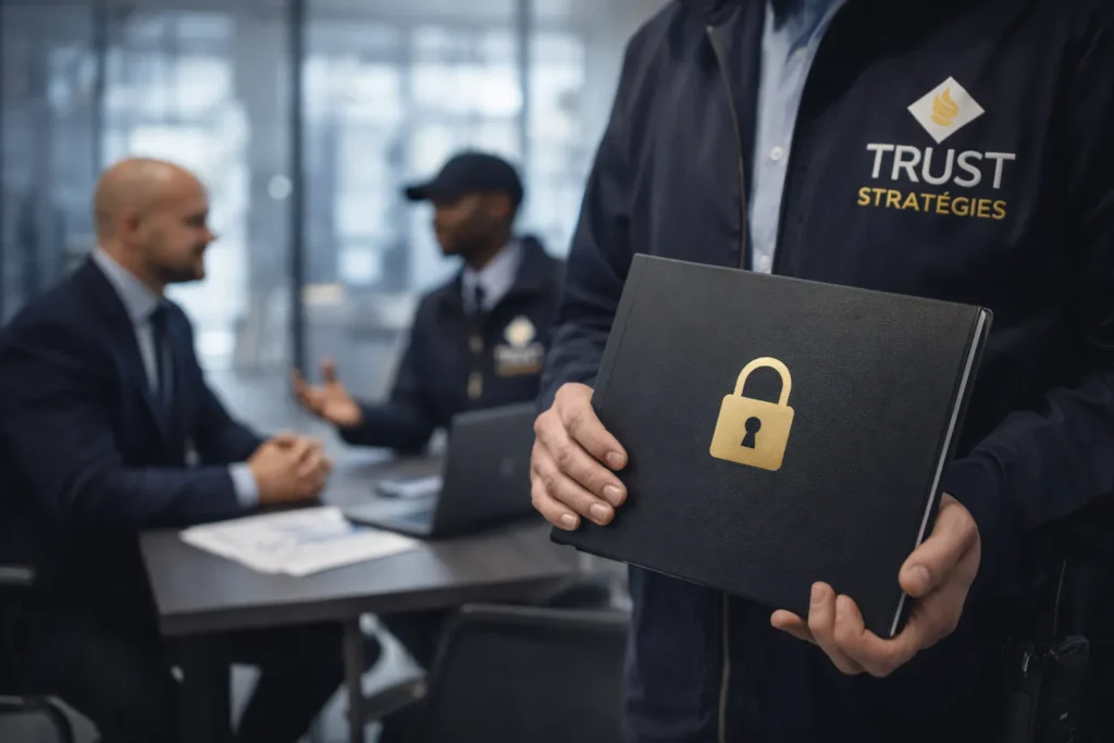 Professionnel de la sécurité tenant un dossier confidentiel avec symbole cadenas échange en entreprise protection des données et discrétion professionnelle