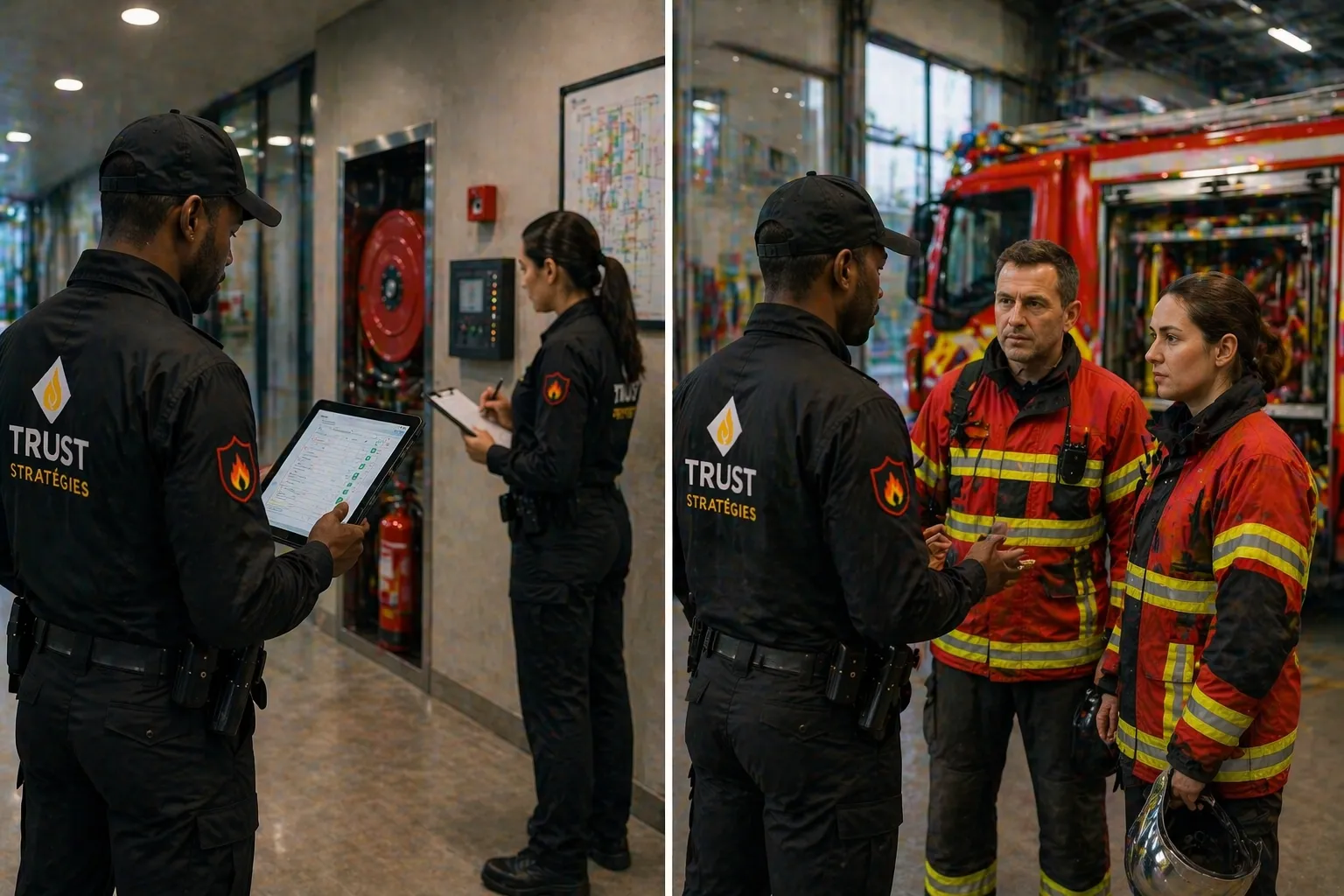 Agents TRUST STRATÉGIES assurant la conformité en sécurité incendie avec contrôle des équipements et coordination avec les services de secours sur site professionnel