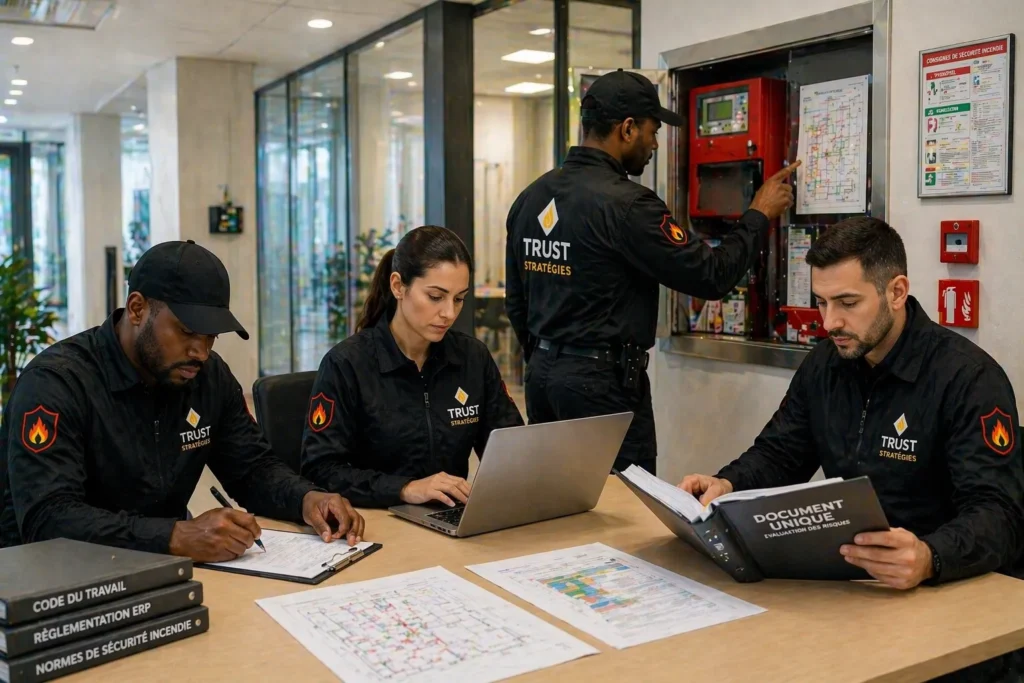 Équipe TRUST STRATÉGIES en sécurité incendie réalisant un contrôle de conformité sur site avec vérification des installations, analyse des dispositifs et supervision des équipements en environnement professionnel