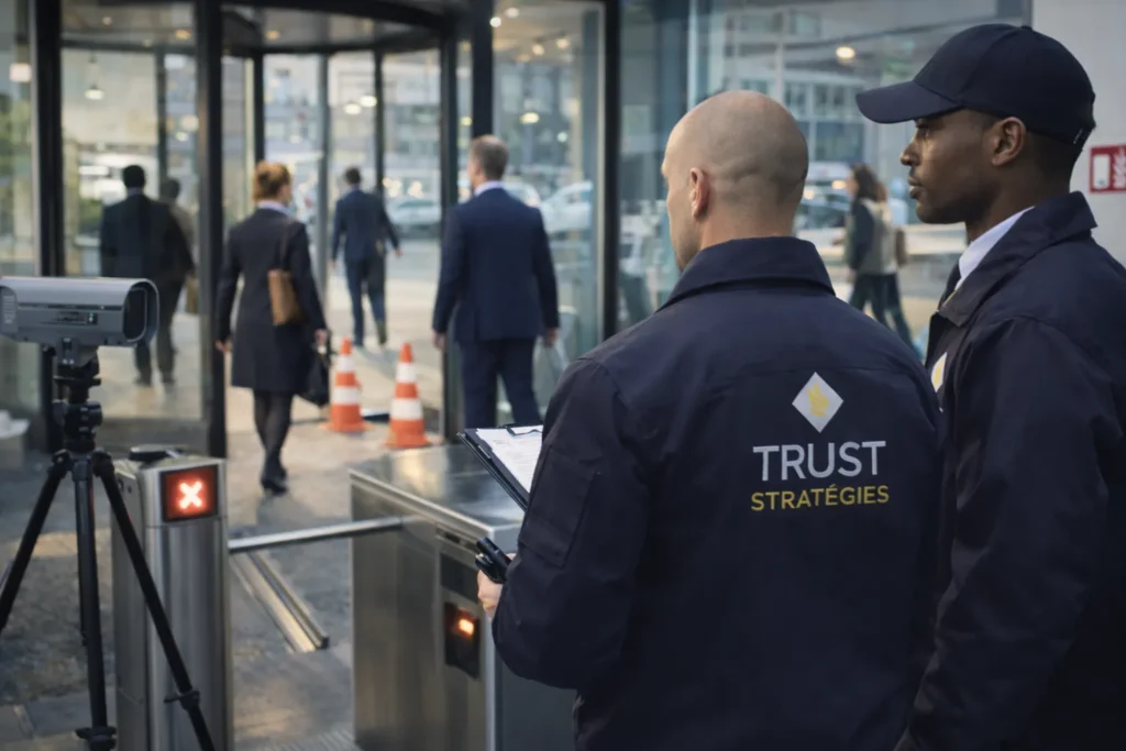 Agents de sécurité assurant le contrôle d’accès et la surveillance des entrées dans un bâtiment professionnel avec gestion des flux de personnes et dispositif de sécurité actif