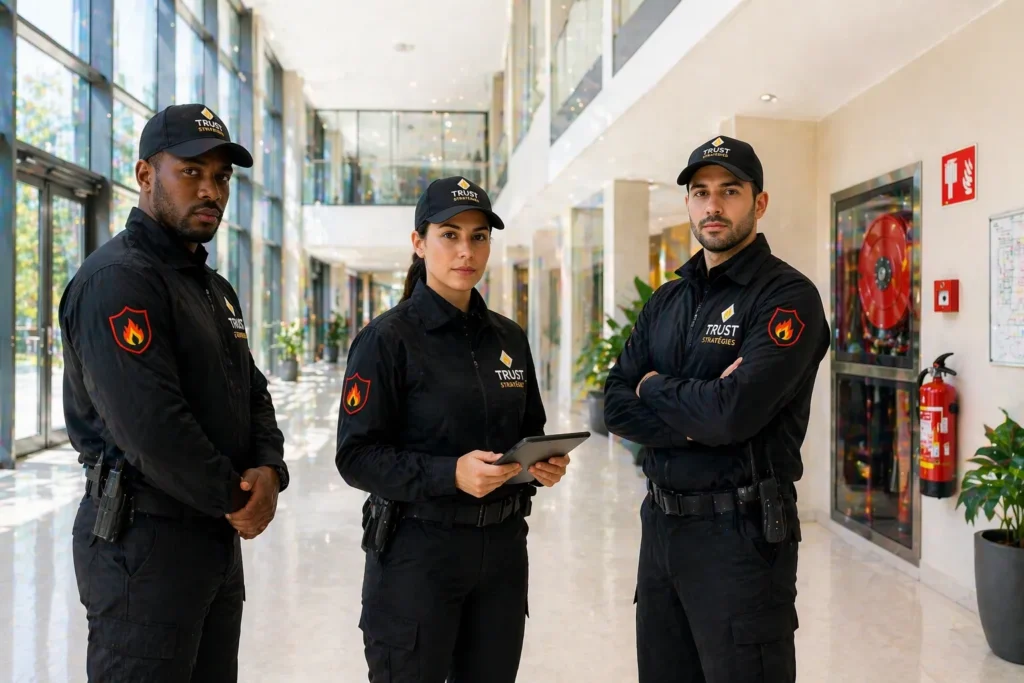 Équipe d’agents TRUST STRATÉGIES en sécurité incendie dans un environnement professionnel lumineux, assurant la protection des personnes et des biens avec un dispositif structuré et adapté aux contraintes du site