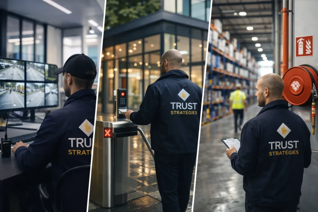 Agents de sécurité en situation réelle contrôle accès surveillance site industriel et audit terrain adaptation des dispositifs selon le contexte