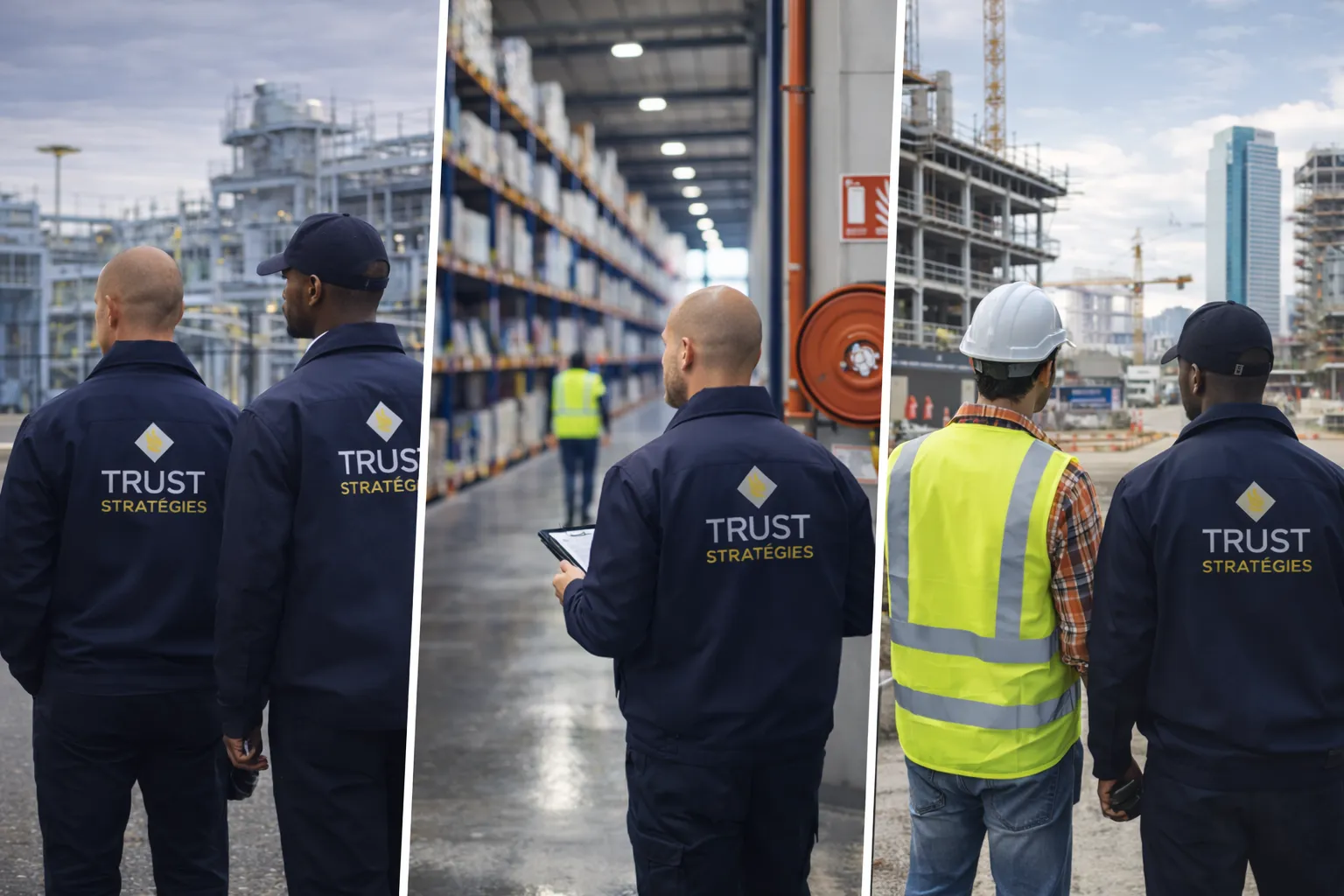 Agents de sécurité intervenant sur différents types de sites : industriel, logistique et chantier, illustrant l’adaptation des dispositifs de surveillance selon les environnements et les niveaux de risque