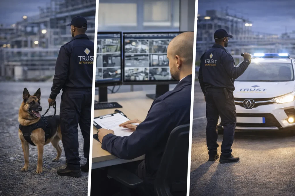 Agents de sécurité coordonnant surveillance humaine, cynophile et rondes mobiles sur site industriel avec contrôle vidéo et intervention terrain adaptée aux risques