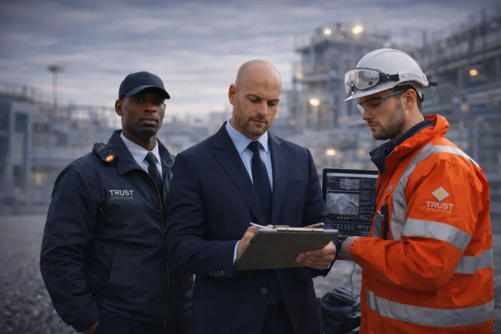 Agents de sécurité et technicien analysant un dispositif sur site industriel dans le cadre d’une approche globale de la sécurité