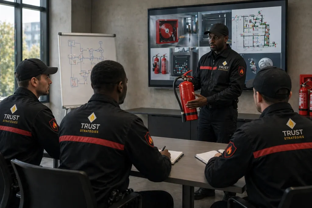 Agents de sécurité incendie TRUST STRATÉGIES en formation pratique avec extincteur et supervision d’un formateur, démonstration des procédures et équipements SSI en environnement professionn