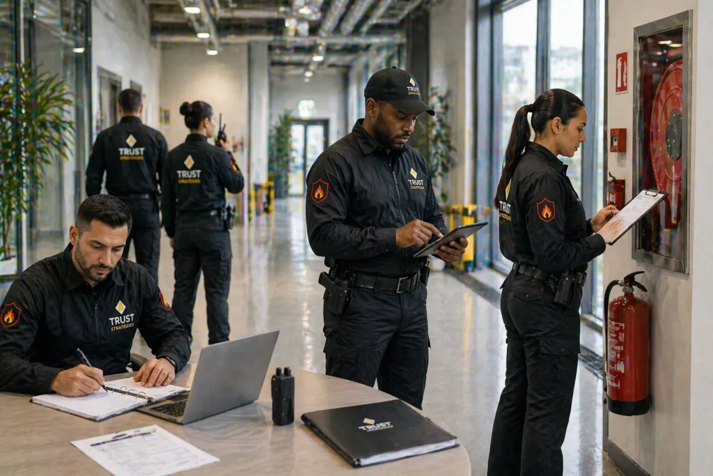 Agents TRUST STRATÉGIES en sécurité incendie assurant des interventions encadrées avec contrôle des équipements, suivi des actions, traçabilité des opérations et adaptation aux contraintes du site professionnel
