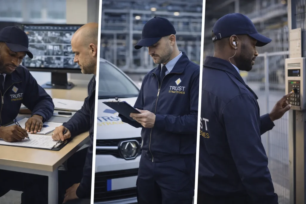 Agents de sécurité en coordination, contrôle des procédures et suivi des interventions sur site, illustrant une organisation structurée et le respect des protocoles de sécurité
