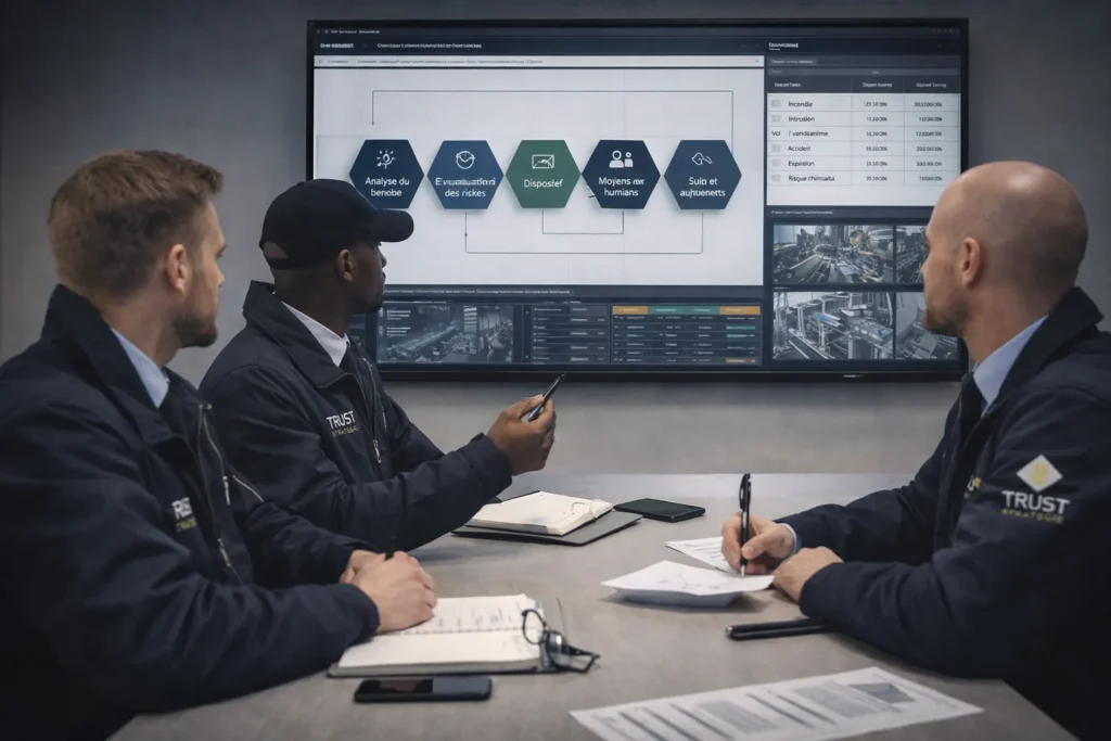 Équipe de sécurité analysant un dispositif opérationnel sur écran dans une salle de pilotage pour organiser et suivre les missions sur site sensible