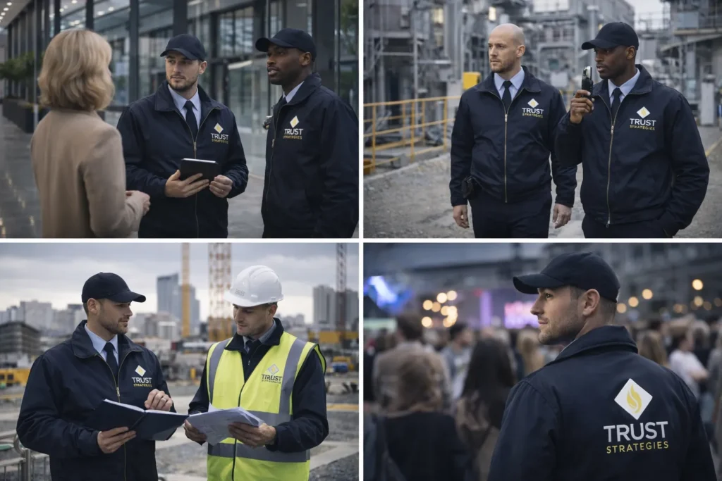 Agents de sécurité intervenant sur différents environnements : bureaux, site industriel, chantier et événement avec adaptation aux contraintes terrain
