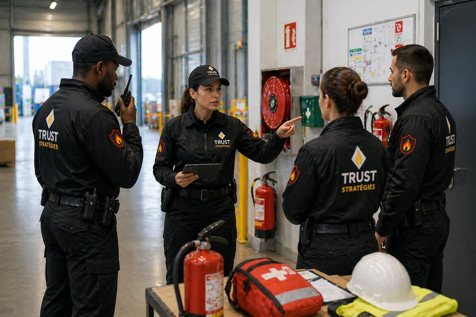 Agents TRUST STRATÉGIES en sécurité incendie réalisant une action de prévention sur site avec briefing opérationnel, coordination des équipes et vérification des équipements de sécurité en environnement professionnel