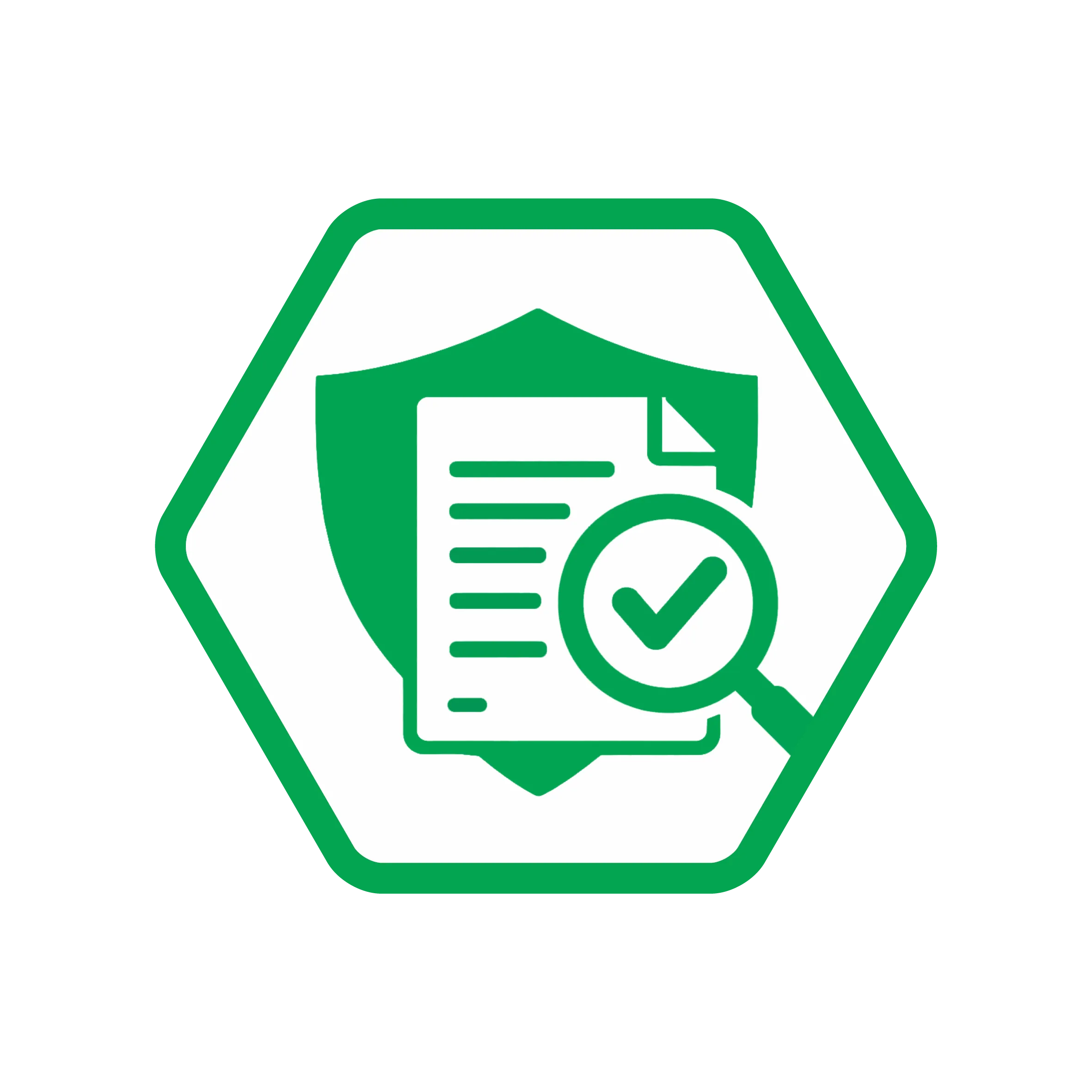 Pictogramme prévention et conformité avec document, loupe et validation, représentant l’audit des risques et la mise en conformité réglementaire en sécurité professionnelle