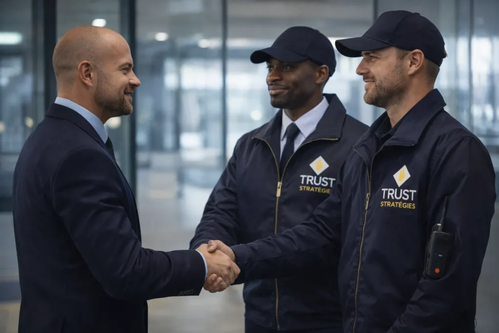 Équipe de sécurité professionnelle échange avec client poignée de main confiance collaboration suivi des missions sécurité privée
